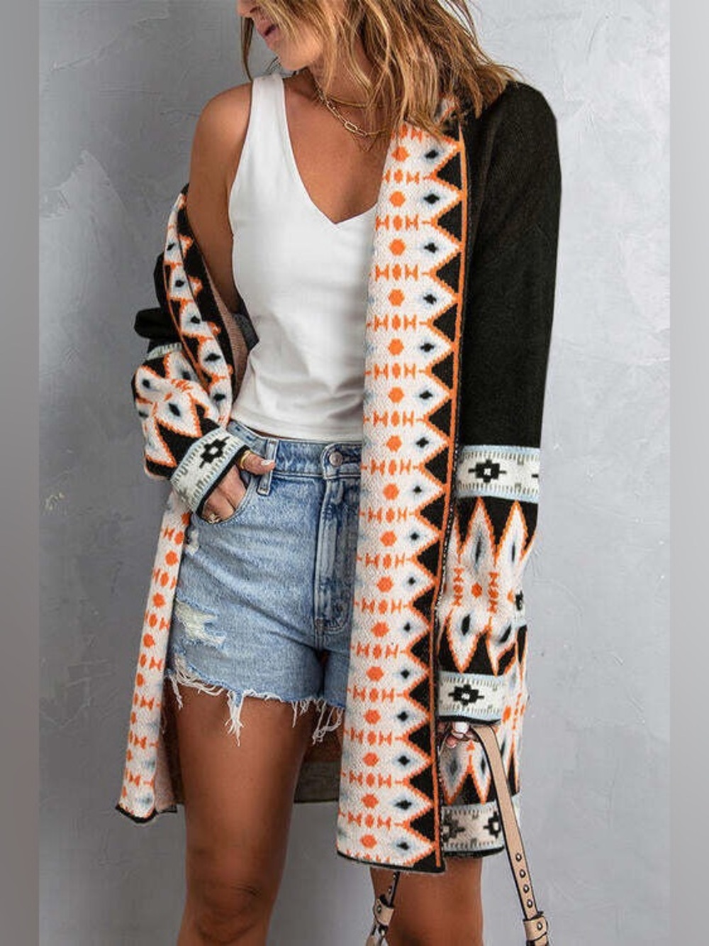 NEW Open-Front Aztec Knit Cardigan - Black, White & Orange
